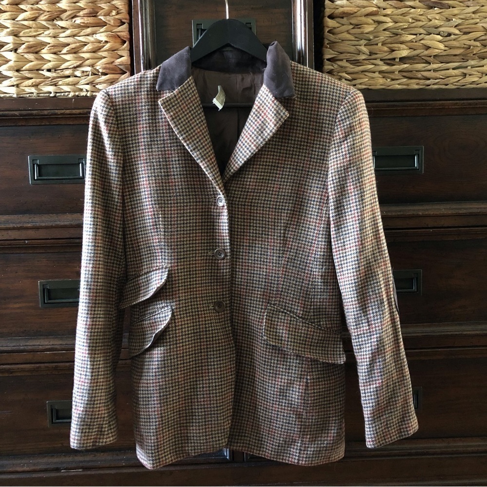 Vintage Casual Corners brown wool micro houndstooth rider blazer in size 4